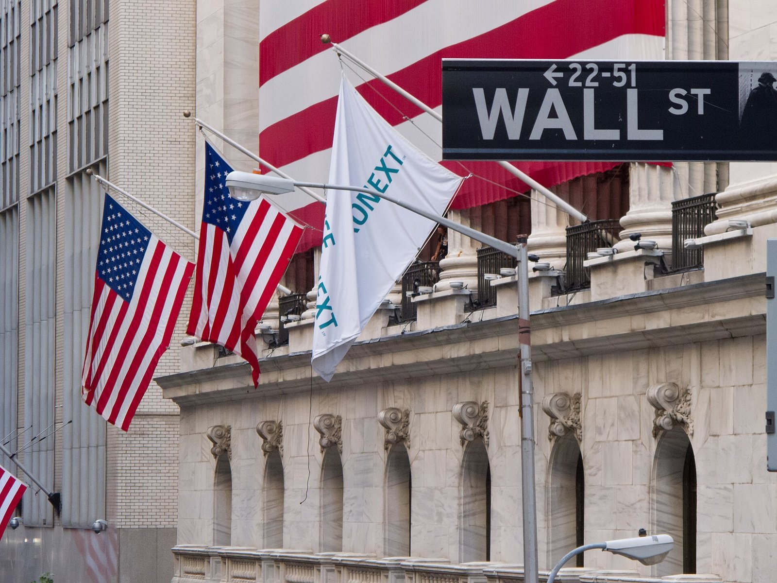 The New York Stock Exchange on Wall Street with American flags and a Wall St street sign