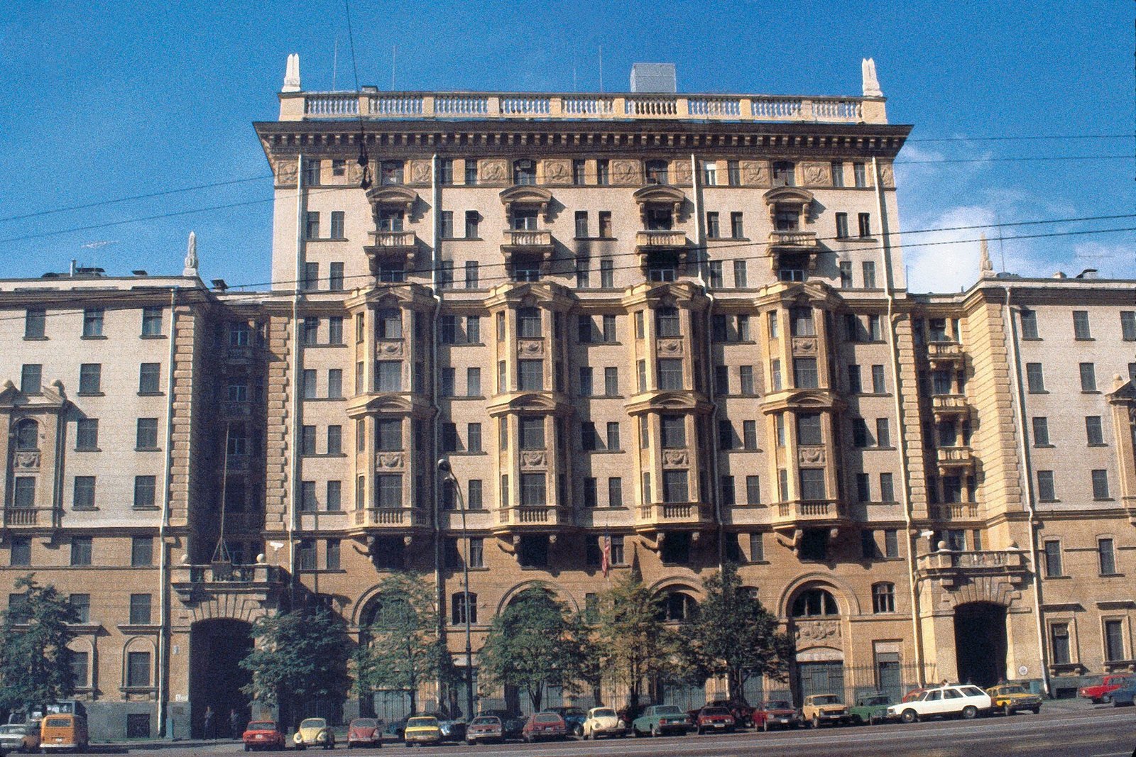 The US Embassy building in Moscow on a sunny day