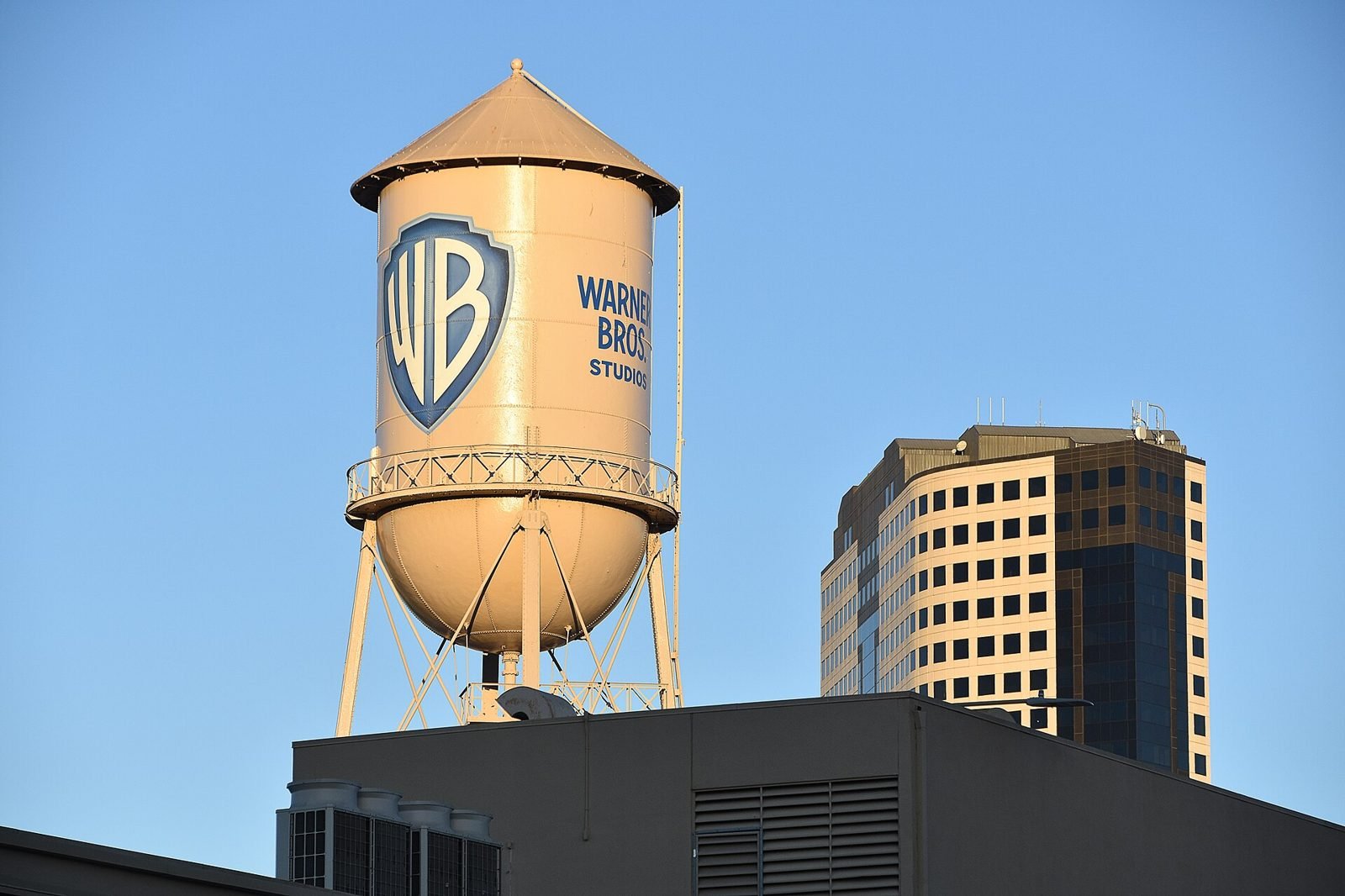 The Warner Bros studios water tower in Burbank against a blue sky